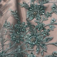 Floral Embroidered Net Fabric with beads and Sequins.  Sold by the yard  Lace Usa Embroidered Gold Lace Tulle Fabric, Blue Lace Fabric With Sequin Embroidery, Green Embroidered Lace Sequin Fabric, Embroidered Silver Sequin Lace Fabric, Blue Beaded Lace Sequin Fabric, Embroidered Beads, Floral Lace Fabric, Beading Netting, Bridal Lace Fabric