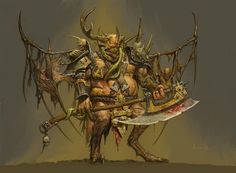 a drawing of a demon holding a knife and wearing armor with horns on his head