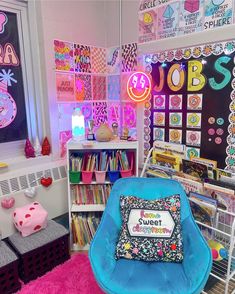 a room filled with lots of toys and decor on the walls next to bookshelves