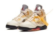 The Air Jordan 5 Retro SP PS 'Sail' is a special edition shoe made for little kids by world-renowned designer Virgil Abloh. This unique take on the classic Retro 5 model features semi-translucent textile in an ivory hue, with a reflective silver finish on the tongue. The left tongue boasts a large circular cut-out, and these same details can be seen on the midfoot and collar. Other signature Virgil touches include a plastic zip tie and lines of Helvetica text on the medial quarter panel. To top Jordan 5 Off White, Jordan V, Nike Air Jordan 5, Jordan 5 Retro, Off White Shoes, Air Jordan 5 Retro, Air Jordan 6, Air Jordan 5, Jordan 11 Retro