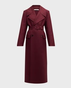 Co coat featuring a selfbelt    Notch lapels; doublebreasted front    Long sleeves    Side flap pockets    Straight fit    Full length    Centerback vented hem    Virgin wool    Imported Burgundy Trench Coat, Summer Coats, Luxury Sportswear, Red Mini Skirt, Belted Coat, Long Coat, Wool Coat, Modern Woman, Double Breasted