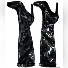 Dimensions: Heel: 10.5cm 70% Nylon, 25% Calfskin Leather, 5% Polyurethane Made In Italy Designer Model Number: 709574aaaqk Designer Colour: 1000 Luxury Patent Leather Heeled Boots For Party, Luxury High Heel Patent Leather Boots, Luxury Patent Leather High Heeled Boots, Luxury Heeled Boots With 4-inch Heel For Party, Luxury 4-inch Heeled Boots For Parties, High Heel Patent Leather Boots With Buckle Closure, Black High Heel Boots With Branded Heel Counter, Black High Heeled Boots With Branded Heel Counter, Black Patent Leather Heeled Boots For Party