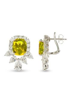 Rhodium plated geometric shaped studs with yellow crystal embellishment. - Aza Fashions Modern Yellow Earrings For Formal Occasions, Yellow Diamond Earrings With Gemstone, Yellow Cubic Zirconia Party Earrings, Yellow Fine Jewelry Earrings With Gemstone Accents, Diana Penty, Luxury Sale, Stud Jewelry, Crystal Embellishment, Fashion App