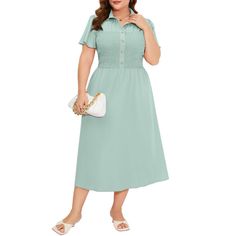 【Summer Shirt Dress for Women】 Collar V Neck, flutter sleeves, button down front（top three buttons are real), chest with smocked design(which is more stylish and makes the chest more comfortable), elastic high waist, midi length, A-line, flared flowy sundress, women's shirt dress, plus size business casual dress. Green Button-up Midi Dress For Beach, Cheap Green Button-up Midi Dress, Green Button-up Casual Midi Dress, Cheap Green Button-up Dresses, Spring Green Button-up Midi Dress, Green Sundress, Flowy Sundress, Hourglass Dress, Shirt Dress Summer