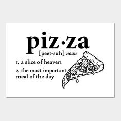 a piece of pizza is shown in black and white with the words pizza on it