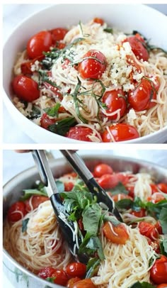 two pictures showing different types of pasta with tomatoes and basil on top, one in a white bowl the other in a silver pan