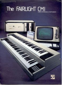 an old computer and keyboard set up in front of a monitor with the words, the fairlight cmi