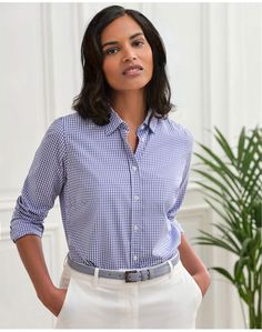 Blue Gingham | Cotton Shirt | Pure Collection Spring Office Dress Shirt, Relaxed Fit, Timeless Business Casual Blouse With Spread Collar, Spring Timeless Collared Dress Shirt, Timeless Collared Tops For Business Casual, Timeless Workwear Shirt With Placket, Classic Spring Shirt For Work, Timeless Daywear Tops With Placket, Timeless Tops With Placket For Daywear, Timeless Long Sleeve Spring Shirt