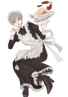 an anime character holding a plate with food on it