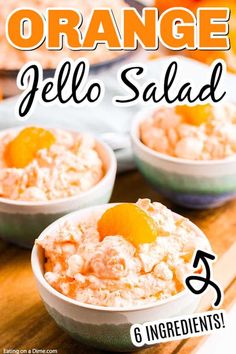 orange jello salad in small bowls with text overlay that reads, orange jello salad 5 ingredients