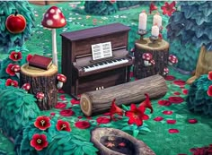 a painting of a piano surrounded by red flowers and other things in the background,