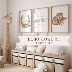 | PHYSICAL PRINT SET | Set of 3 cowgirl matte finish poster prints perfect for your little cowgirl's room. | SET INCLUDES | -Print with horseshoe -Print with "Life is tough darlin' but so are you" saying -Print with cowgirl hat **FRAMES ARE NOT INCLUDED** | POSTER PRINTS | -premium matte vertical posters. Made with museum-grade paper (175gsm fine art paper), these posters translate any digital artwork into exquisite real life décor. Available in multiple sizes, each poster is printed with top-ti Western Girls Room, Cowgirl Bedroom Ideas, Horse Themed Bedrooms, Cowgirl Bedroom, Country Nursery, Cowgirl Room, Horse Room