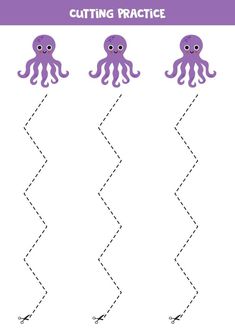 Cutting practice for children with cute purple octopus. Octopus Worksheet Preschool, Octopus Worksheet, Preschool September, Purple Octopus, Prek Ideas, Ocean Unit