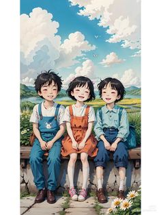 three children sitting on a bench in front of a field with daisies and clouds