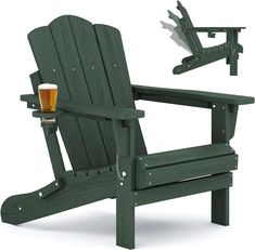 a green adiron chair with a beer in it