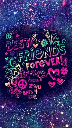 the words best friends forever written in neon colors on a purple and blue background with stars