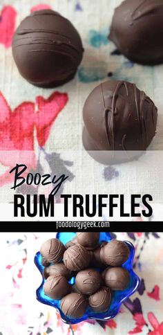 chocolate truffles in a blue bowl with the words boozy rum truffles