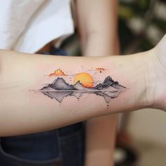 Premium Atmosphere Tattoo Files Simple Nature Tattoos Men, Little Mountain Tattoo, Nature Fine Line Tattoo, Atmosphere Tattoo, Sunrise Tattoo, Sky Tattoos, Bookish Tattoos, Sunset Tattoos, Circle Tattoos