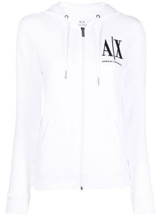 logo-print zipped hoodie from ARMANI EXCHANGE featuring white, cotton, logo print at the chest, front zip fastening, drawstring hood, long sleeves, ribbed cuffs and ribbed hem. | Armani Exchange Logo-Print Zipped Hoodie Cotton Logo, Armani Exchange, White Hoodie, Curator Style, Puma Jacket, Dream Clothes, Active Wear For Women, Zip Hoodie, Adidas Jacket