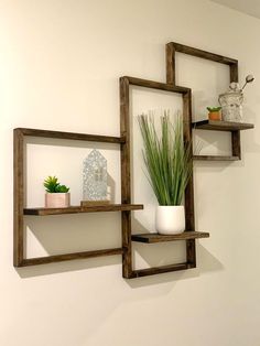 three wooden shelves with plants and vases on them