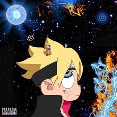 an anime character with blonde hair and blue eyes in front of a background of stars