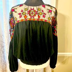 Gorgeous Free People Blouse! The Rich Green Color Is Perfect For Fall! Beautiful Embroidery Details On Mesh Bodice, Button Closure At Neck. New Without Tags. Size Large Fall Blouse With Geometric Embroidery, Fitted Festival Blouse With Geometric Embroidery, Fitted Blouse With Geometric Embroidery For Festival, Fall Festival Blouse With Multicolor Embroidery, Festival Long Sleeve Blouse With Geometric Embroidery, Long Sleeve Blouse With Multicolor Geometric Embroidery, Multicolor Boho Collar Top For Fall, Long Sleeve Patchwork Blouse For Festivals, Fall Festival Blouse With Floral Embroidery