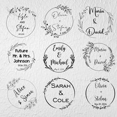 six wedding stickers with the names of each bride and groom in black ink on white paper