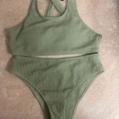 Ribbed Material. Never Worn. Olive Green. Ribbed Swimwear For Summer, Summer Ribbed Swimwear For Spring, Casual Ribbed Swimwear For Vacation, Ribbed Sleeveless Swimwear For Beach, Summer Sleeveless Ribbed Swimwear, Sleeveless Ribbed Summer Swimwear, Green Ribbed Swimwear For The Beach, Green Ribbed Swimwear For Beach, Casual Ribbed Swimwear For Pool