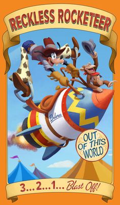 a cartoon character flying through the air on top of a rocket with other characters in it