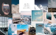 there are many different pictures in this collage that include planes, clouds and buildings