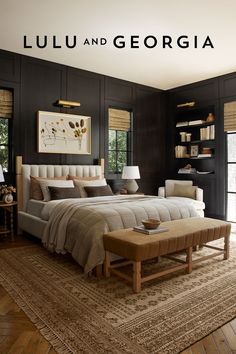 Bedroom featuring black walls with a traditional style jute and wool area rug with a white linen bed and brown English style bench. Transitional Bedroom, Traditional Bedroom, Remodel Bedroom, Bed Room, My New Room, Cozy Bedroom