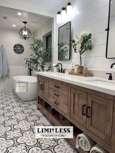 a bathroom with white walls and black accents