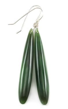 Large natural nephrite green jade smooth long skinny teardrop earrings. The french earwires are 14k gold filled or sterling silver - you choose the finish. The gemstone size is 8x55mm, over 45 carats. A unique and hard to find cut. The mannequin shows the relative size and how they will hang. Earrings hang 2.7 inches - great long dangles. Hang Earrings, Mother Of Pearl Earrings, Jade Bangle, Jade Earrings, Jade Jewelry, Amethyst Necklace, Mother Pearl, Green Jade, Jade Green