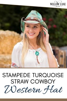 Stampede Women's Western Hat - The Calypso in Turquoise! Womens western fashion, womens western outfits, women's western clothing, womens western boots, women's western wear, womens western shirts, womens western jeans, womens western style, horse hats, straw hats, wool hats, travel western hats, feather hats, bandhats, trending hats, rancher hats, PBR cowboy hats, austin open crown hats, ribbon hats, bullhide hats, boater hats, sale hats. #Cowboyhats #Westernhats #Westernstyle #Womenhats Women's Western Clothing, Rancher Hats