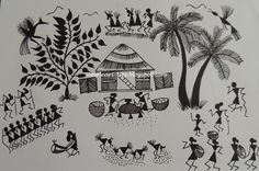 a drawing of people and trees in front of a hut with palm trees on the other side