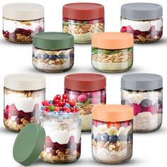 six jars filled with different types of food in each one, including cereals and berries