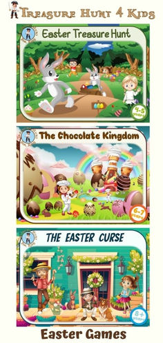 the easter hunt 4 kids's game is shown in three different screens, including an easter