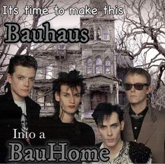 an image of some people in front of a house with the words it's time to make this bauhaus into a bauhome