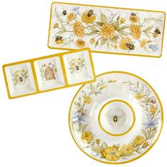 two yellow and white plates with bees on them, one plate has a bee design