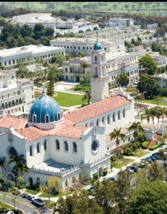 an aerial view of a large white building with a blue dome on top and palm trees in the foreground