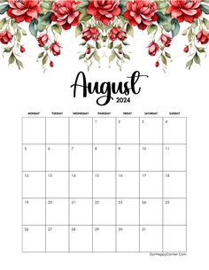 the august calendar with red flowers on it