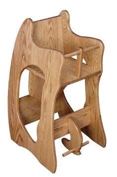 a wooden high chair that is made out of wood