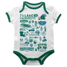 Tulane Green Wave Hand Sketched Vive La Fete Impressions Artwork Infant White Short Sleeve Onesie Bodysuit Fitted Short Sleeve Bodysuit With Graphic Print, White Short Sleeve Bodysuit With Graphic Print, White Cotton Bodysuit With Character Print, Short Sleeve Bodysuit With Character Print For Playtime, Short Sleeve Character Print Bodysuit For Playtime, White Short Sleeve Onesie With Character Print, Green Short Sleeve Cotton Onesie, Cotton Short Sleeve Bodysuit With Character Print, Cotton Bodysuit With Character Print And Short Sleeves