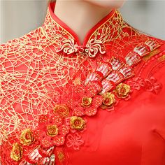 This elegant red qipao, also known as a cheongsam, is a stunning example of traditional Chinese fashion with a contemporary twist. The dress features a vibrant red and golden hue, symbolizing luck and prosperity, making it an ideal choice for special occasions such as weddings, festivals, or formal events. Size Guide: Please refer to the size guide picture before placing the order. Please leave your Height, Weight and Bust/Waist/Hip measurements in the Personalisation box so we could double chec Elegant Red Dresses For Festivals, Traditional Red Cheongsam For Wedding, Traditional Red Wedding Cheongsam, Traditional Red Evening Dress, Traditional Red Cheongsam For Formal Occasions, Red Cheongsam For Spring Festivals, Red Cheongsam For Spring Festive Occasion, Fitted Cheongsam For Festivals, Red Cheongsam With Stand Collar For Parties