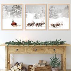 three framed photographs of reindeers pulling a sleigh with christmas trees on it