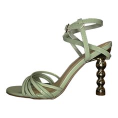 Mint And Gold Faux Leather Statement Heeled Sandal Justfab Made In China Faux Patent Leather Upper Synthetic Lining Man Made Sole Heel Height: 3.5” Size: Us 7 / Eu 37.5 New And Never Worn W/O Box Green Strappy Heels For Formal Occasions, Green Strappy Formal Sandals, Green High Heel Lace-up Sandals With Wrapped Heel, Fitted Green Heels With 4-inch Heel, Lime Green High Heels, Luxury Green Heels With 4-inch Heel, Green Leather Open-heel Mules, Mint And Gold, Justfab Shoes