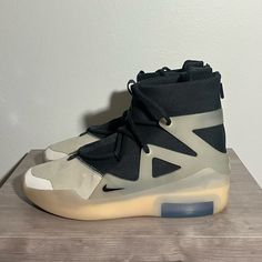 Size 10 Very Good Condition No Box Modern High-top Sneakers With Translucent Outsole, Designer Streetwear Sneakers With Removable Insole, Designer High-top Sneakers With Removable Insole, Designer High-top Custom Sneakers With Translucent Outsole, Modern Custom Sneakers With Rubber Heel Cap, Fear Of God Shoes, Fear Of God, The Question, Black Cream