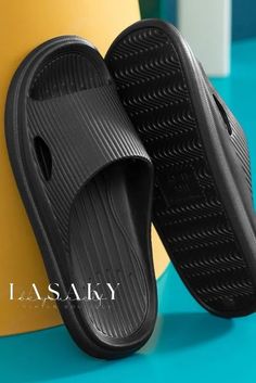 Lasaky - Premium Couples Home Slippers: Enhance Comfort with Thick Soles and Step-In Enhancers Non-slip Black Slides With Flat Heel, Black Slip-resistant Sandals With Round Toe, Spring Black Slip-resistant Sandals, Black Slip-resistant Round Toe Sandals, Black Non-slip Slippers For Spring, Black Non-slip Slippers With Round Toe, Black Non-slip Round Toe Slippers, Black Closed Toe Slides, Black Non-slip Slides With Flat Heel