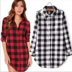 Plaid Button Shirt With Collar Available In Medium & Large In Red And White Colors Plaid Print Shirt, Feminine Shirts, Long Dress Patterns, Autumn Outwear, Red Shirt Dress, Checkered Shirt, Plaid Blouse, Long Sleeve Plaid Shirt, Plaid Fashion