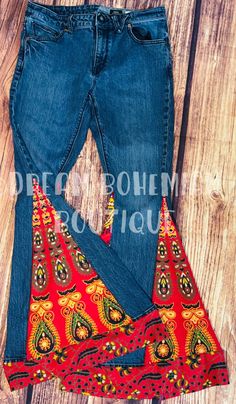 "These are called, \"Prosperity and Passion\" These jeans were created to assist with attracting abundance and prosperity. And they represent our passions and creative outlets. Hippie style denim bellbottoms are a one of kind mandala print flare, bell bottom jeans. **UPCYCLED** All jeans used for this design are UPCYCLED (brands will vary) Below are the color meanings: The color red symbolizes energy, passion, strength, courage, physical activity, creativity, warmth, passion and security. Gold/Y Bell Bottom Pants Pattern, Bellbottoms 70s, Bohemian Jeans, Navratri Outfits, Red Mandala, Hippie Jeans, 70s Jeans, Silver Blazer, Attracting Abundance